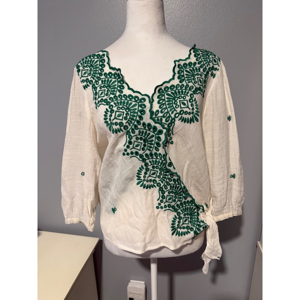 Hope Springs Ivory Green Embroidered V-Neck Side Tie Blouse Womens Medium